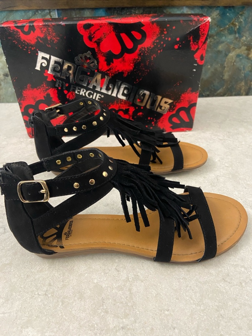 Sale! Fergalicious Black Leather Fringe Gold Studded Gladiator Sandals, size 7M - Picture 7 of 14